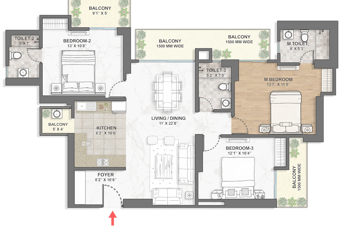 3 BHK + 3T Floor Plan